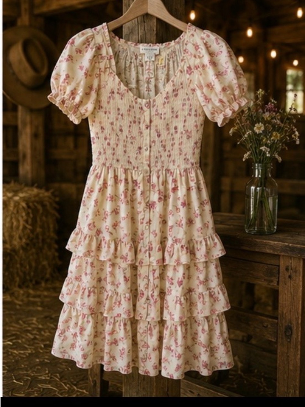 Smocked Puff Sleeve Tiered Floral Dress in Cream & Dusty Rose